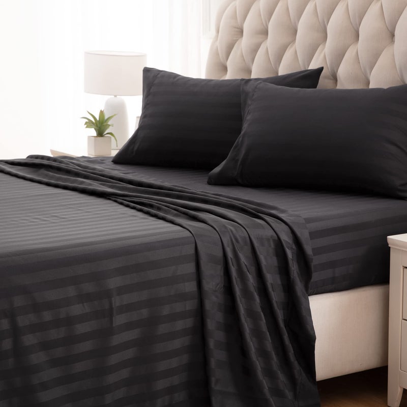 SLEEP ZONE Striped Cooling Queen Sheets Set - Fitted Flat Sheet & Pillowcase Sets 4 Piece - Super Soft Stripe Bed Sheet, Easy Care, Deep Pocket (Black, Queen) - Image 1